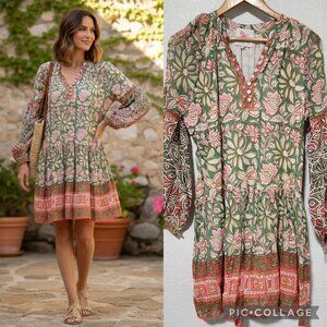 Bella Tu Block Floral Print Midi Bohemian Dress V-Neck Small Coastal Resort